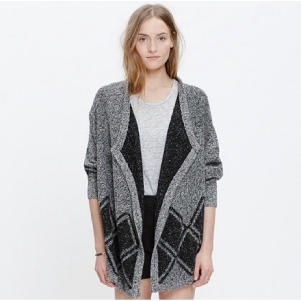 Madewell All Angles Womens XS S Grey Black Intarsia Open Front Cardigan Sweater